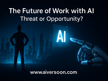 Una mano robotica tocca un ologramma AI sul lato destro, mentre sul lato sinistro appare il titolo ‘The Future of Work with Artificial Intelligence: Threat or Opportunity?’. Sfondo scuro e futuristico, con in basso il sito www.aiversoon.com