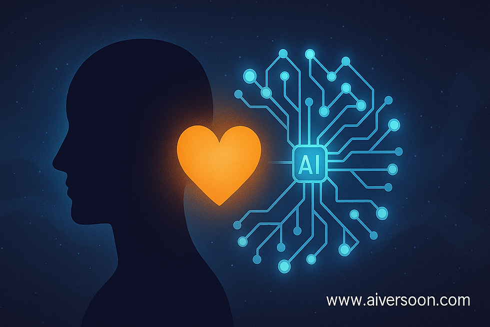 Sagoma umana con cuore luminoso connesso a rete neurale digitale: equilibrio tra intento umano e algoritmo. www.aiversoon.com