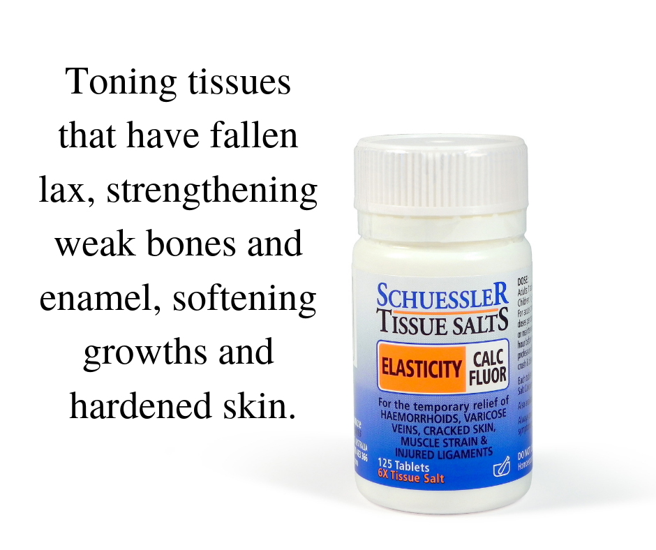 "Toning tissues that have fallen lax, strengthening weak bones and enamel, softening growths and hardened skin" on white background beside image of a bottle of Schuessler Tissue Salts: Calc Fluor