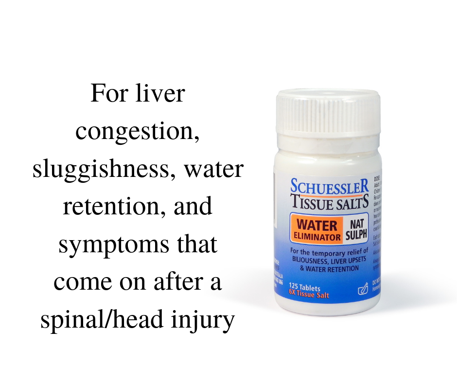 Bottle of Nat Sulph Tissue Salt with text: for liver congestion, sluggishness, water retention and symptoms that come on after a spinal/head injury.