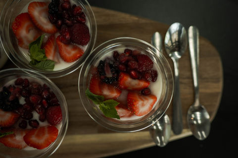 Fresh fruit pots with strawberries, pomegranate and mint — event catering by Fourteen Lakes, Milton Keynes