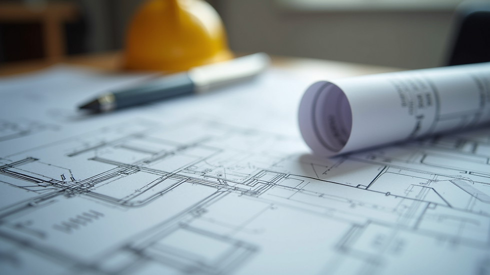 High angle view of construction blueprints on a table