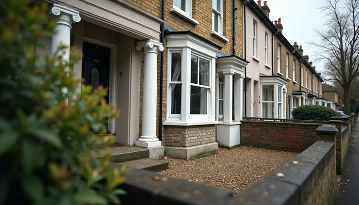 Eye-level view of a traditional London terraced house with a visible shared party wall