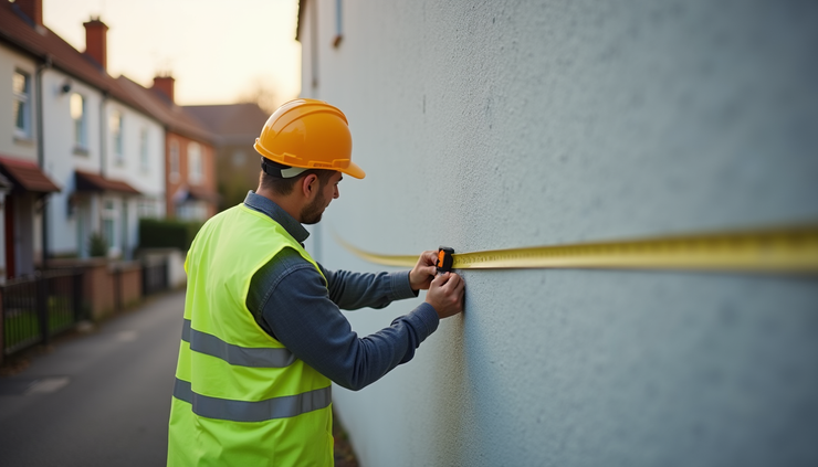 High angle view of a party wall surveyor measuring a boundary wall with a tape measure
