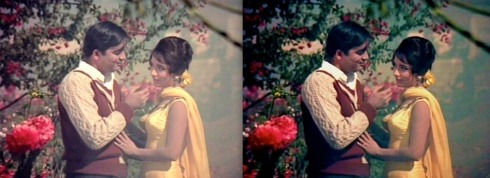 No filme indiano Encontro com o Destino (1965), é possível ver a diferença entre as técnicas do Eastmancolor (à esquerda) e Technicolor (à direita) – Mr. & Mrs. 55/Divulgação