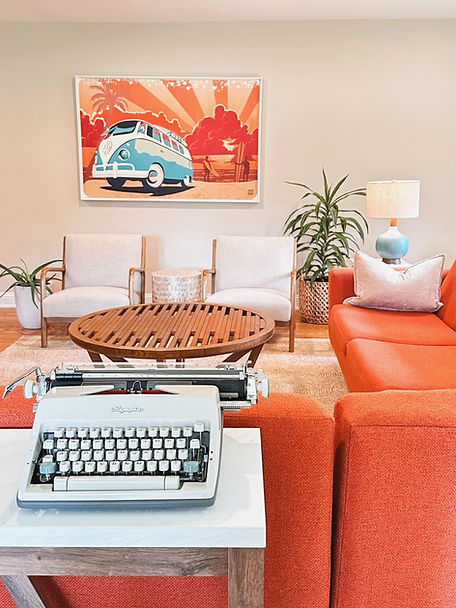 retro, VW van art, California style, mid century modern, orange sectional