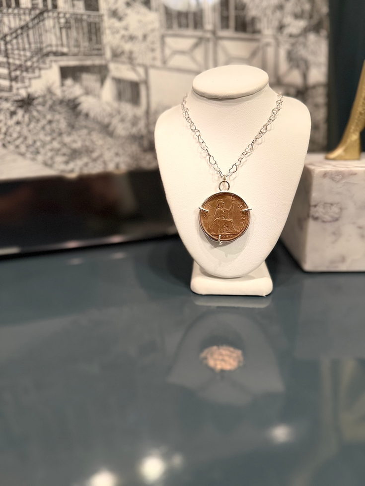 1940 British one penny coin pendant in open sterling silver 4-prong bezel — Menzaman Jewelry