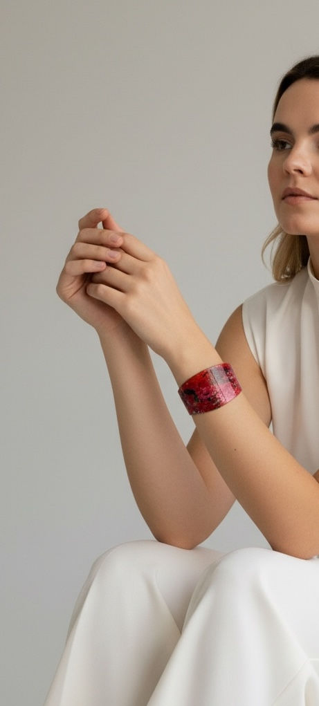 Woman wearing Picasso Cuff hand-painted enamel sterling silver wide wrist cuff, white outfit, Menzaman Jewelry