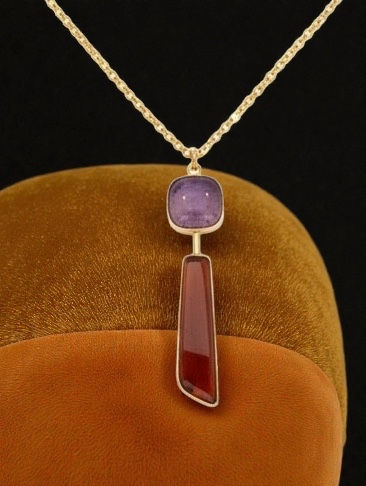 Byblos Guardian figurina pendant necklace with amethyst and amber on gold chain — Menzaman Jewelry
