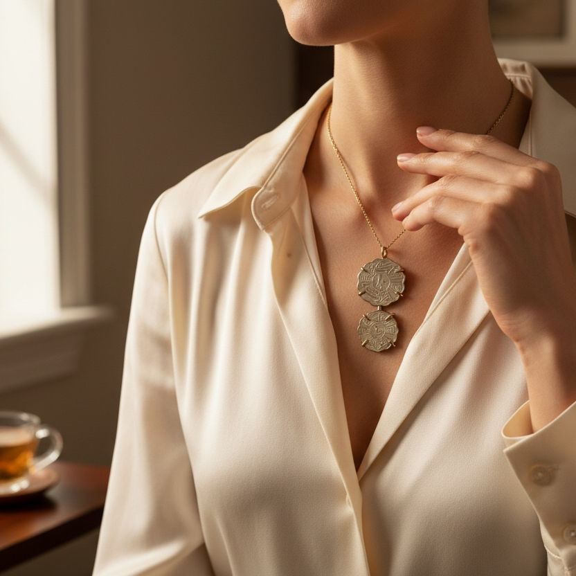 1931 Iraq Fils double coin necklace worn — vintage sterling silver pendant by Menzaman Jewelry