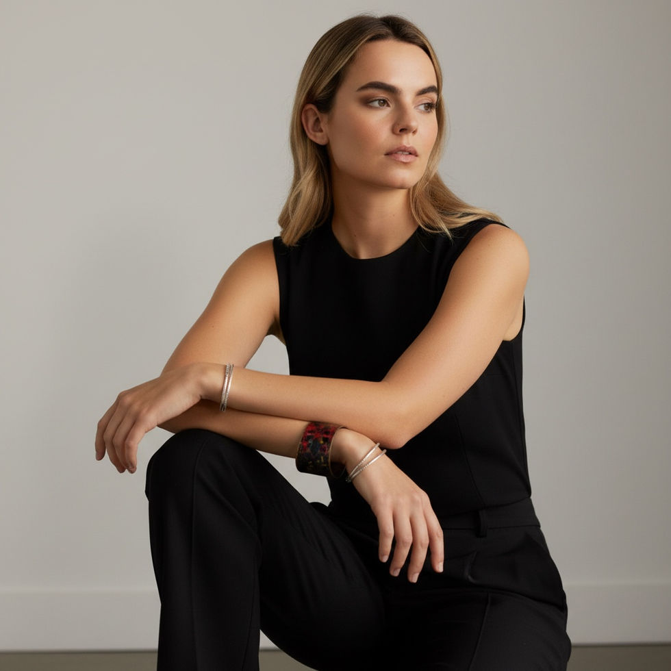 Model seated wearing Inferno Cuff sterling silver and copper cuff bracelet against black outfit, Menzaman Jewelry
