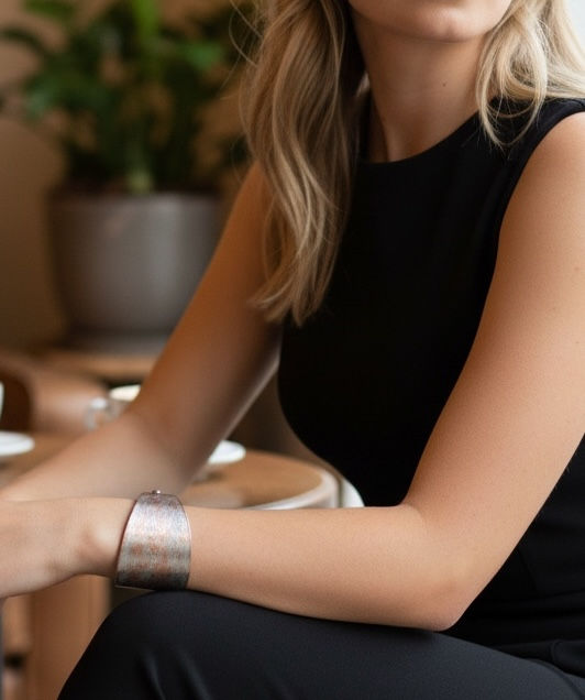 Close-up of Terra Cuff on wrist — 2-inch wide open-back sterling silver cuff with copper tone brushed finish by Menzaman Jewe