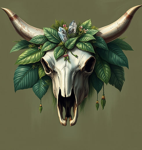 bull skull with tropical leaves, moss and crystals