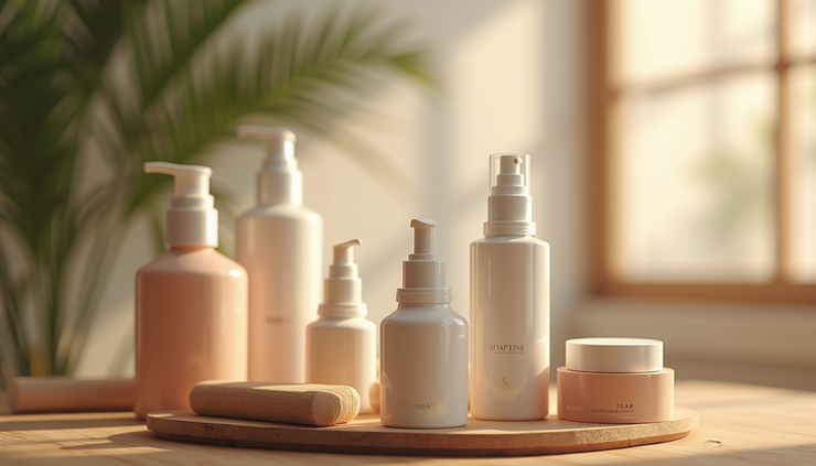 High angle view of skincare products arranged on a wooden surface