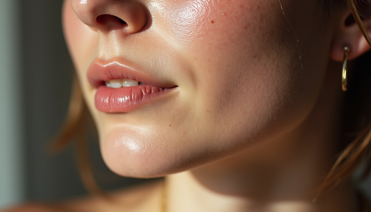 Eye-level view of uneven skin pigmentation on a cheek