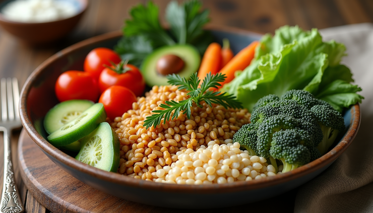 High angle view of a balanced Ayurvedic meal with fresh vegetables, grains, and herbs on a ceramic plate