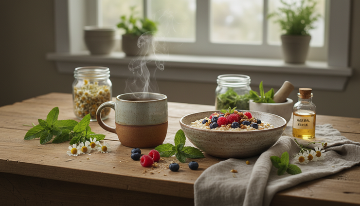 Wide-angle view of a quiet morning kitchen with herbal tea, oats, berries, and fresh herbs on a wooden table