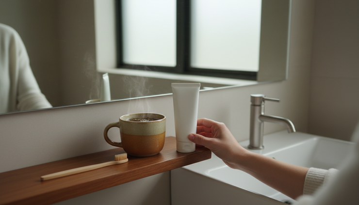 Eye-level view of a person placing a moisturizer beside a toothbrush and a mug of tea