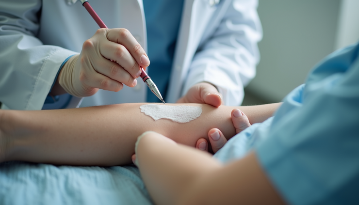 Eye-level view of a dermatologist examining skin with vitiligo patches