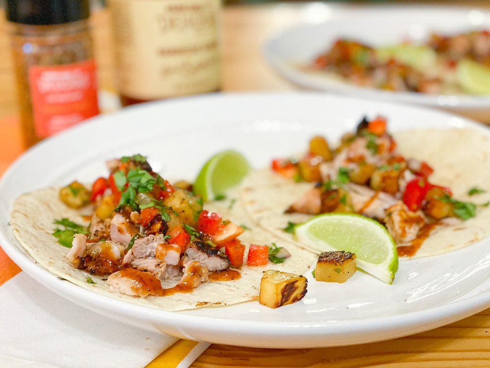 Chicken & Pineapple Tacos, prepared with our BBQ Sauce and Sweet & Spicy Seasoning
