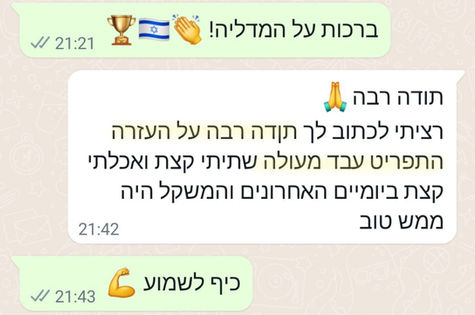ברכות על המדליה!
תודה רבה, רציתי לכתוב לך תודה רבה על העזרה. התפריט עבד מעולה, שתיתי קצת ואכלתי קצת ביומיים האחרונים והמשקל היה ממש טוב.
