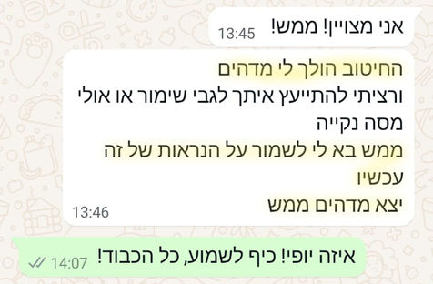 אני מצויין, ממש!
החיטוב הולך לי מדהים.
ורציתי להתייעץ איתך לגבי שימור או אולי מסה נקייה. ממש בא לי לשמור על הנראות של זה עכשיו, יצא ממש מדהים.