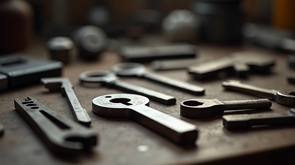 Close-up view of a locksmith's tools arranged on a workbench