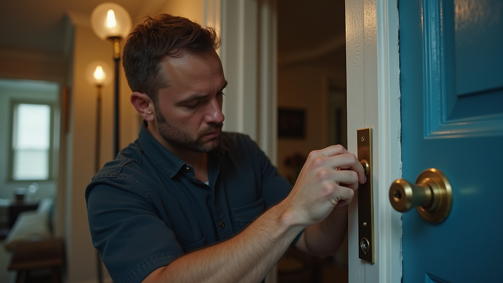 Eye-level view of a locksmith picking a lock on a residential door