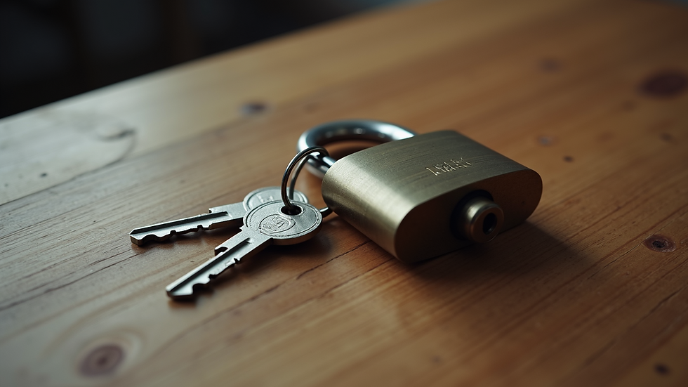 High angle view of a set of keys and a lock on a wooden table