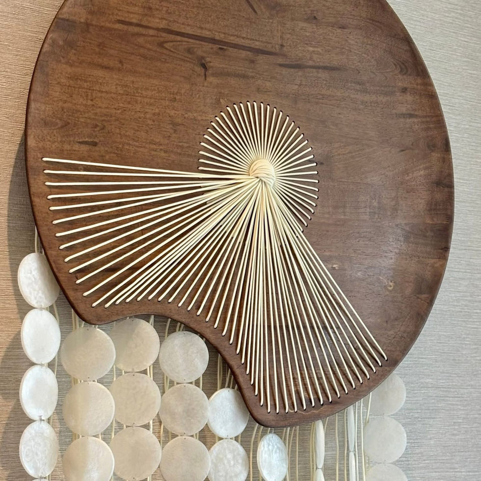 Custom wall art installation for PEYLAA Phuket Bang Tao bedroom interior featuring wood, resin, rope weaving and shell elements