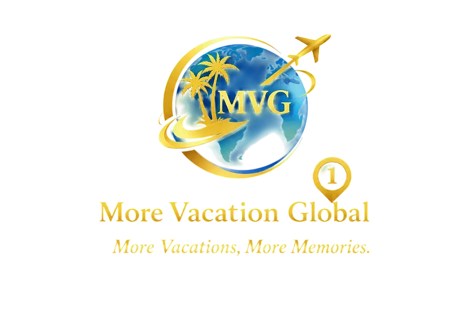 Digital illustration of a travel company logo with a globe, airplane, and palm trees. Features 'MVG' and taglines 'More Vacation Global' and 'More Vacations, More Memories'.
