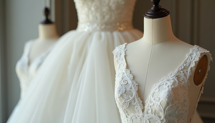 Close-up view of a wedding dress being pinned for alterations on a dress form