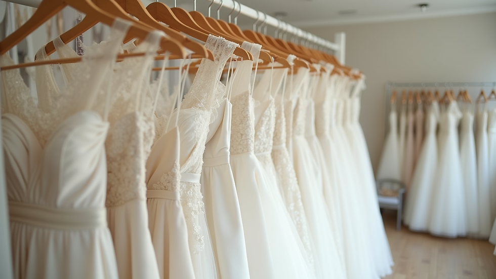 Eye-level view of a bridal boutique with wedding dresses hanging on racks