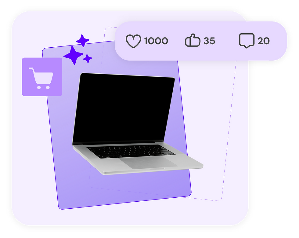 Laptop com 1000 curtidas, 35 polegares e 20 comentários