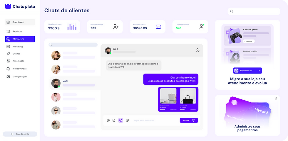 Interfaz de chat del cliente: mensajes, productos y opciones de administración.