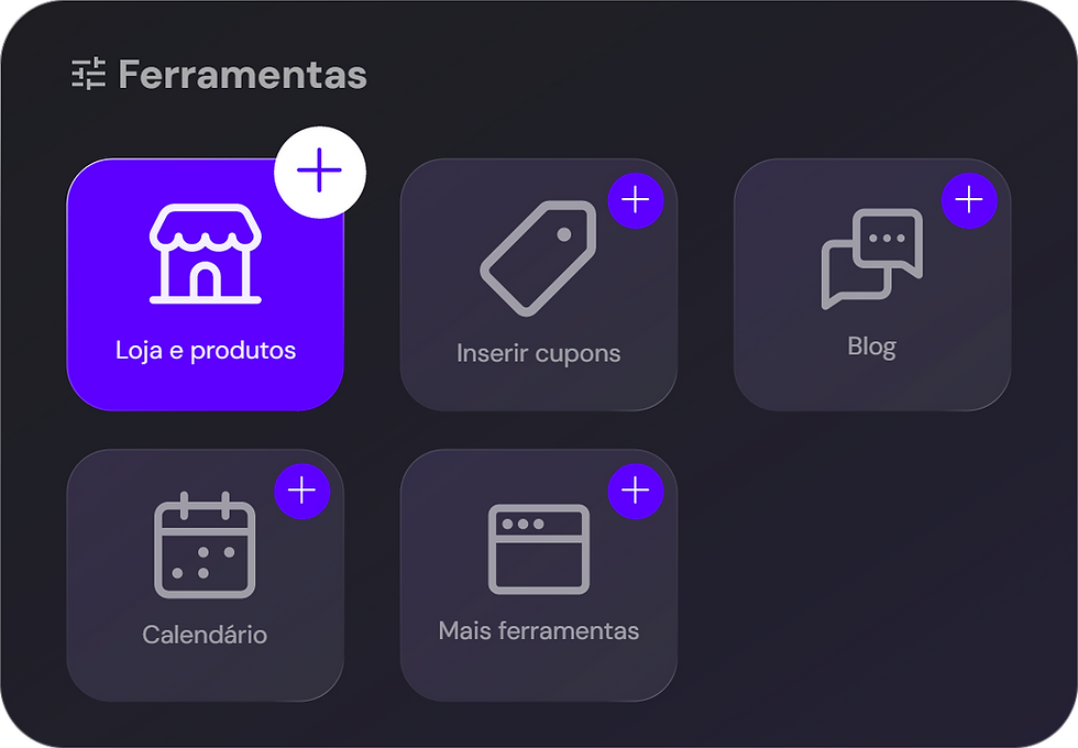 Ferramentas: Loja e produtos, cupons, blog, calendário, mais ferramentas
