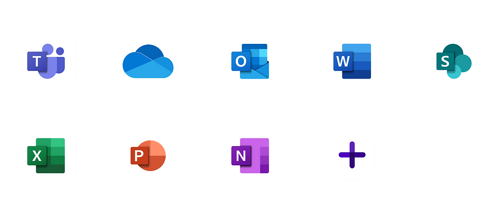 Íconos de Microsoft 365: Teams, OneDrive, Outlook, Word, SharePoint, Excel, PowerPoint, OneNote y agregar aplicación.