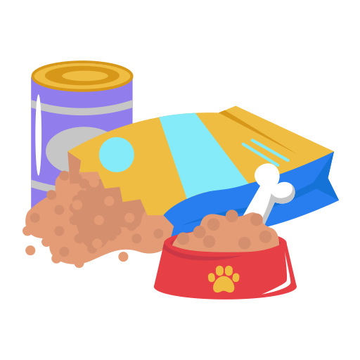 Ilustração de comida e tigela para animais, com saco e osso.