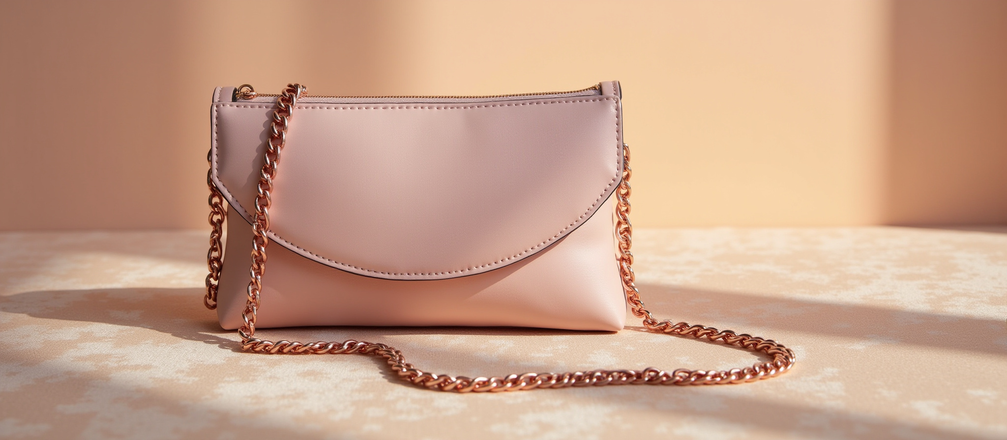 Pale pink leather clutch purse with rose gold chain