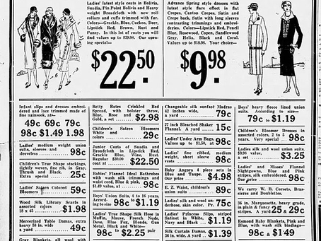 Advertisement for Schlager's Clothing from 1925 which showcases illustrations of women's clothing and their prices.
