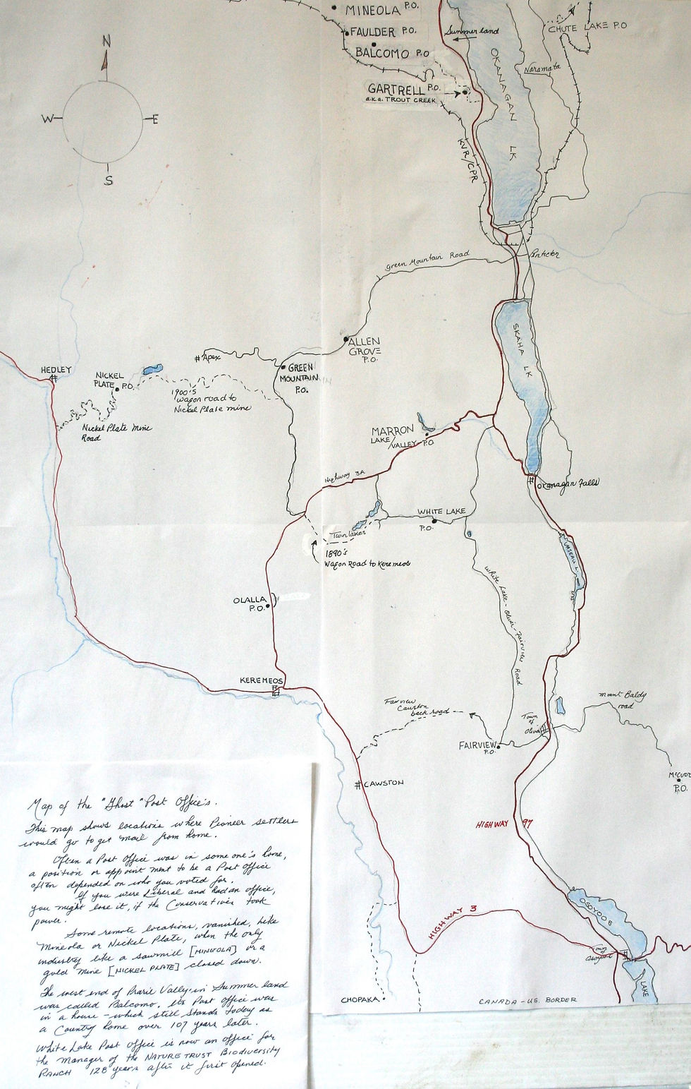 map showing post offices in early 1900's for the southern portion of the Okanagan Valley and some of the Similkameen Valley