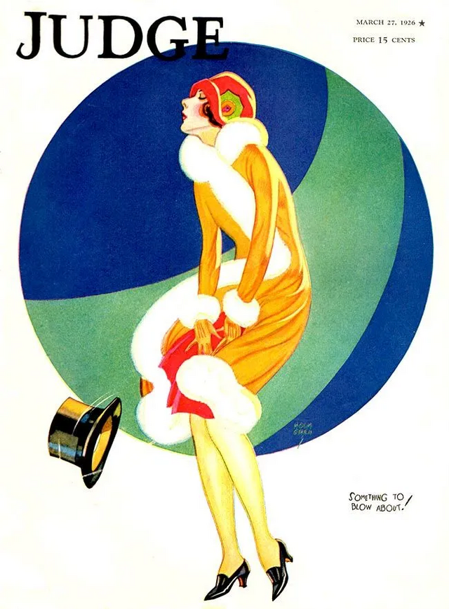 The cover of Judge magazine featuring a woman dressed in the "La Garçonne" style wearing a red cloche hat with a green embellishment, mustard coat with white fur lining, red dress, and black shoes. There is a top hat floating to the ground to the left of her, and she is standing in front of a blue circle with a green stripe.