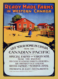 Vintage poster of a red farmstead in Western Canada with people and chickens; text promotes ready-made farms and Canadian Pacific homes