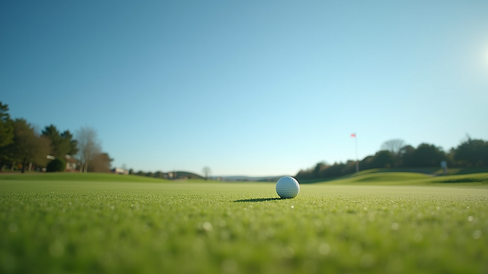 Eye-level view of a golf course with a clear blue sky