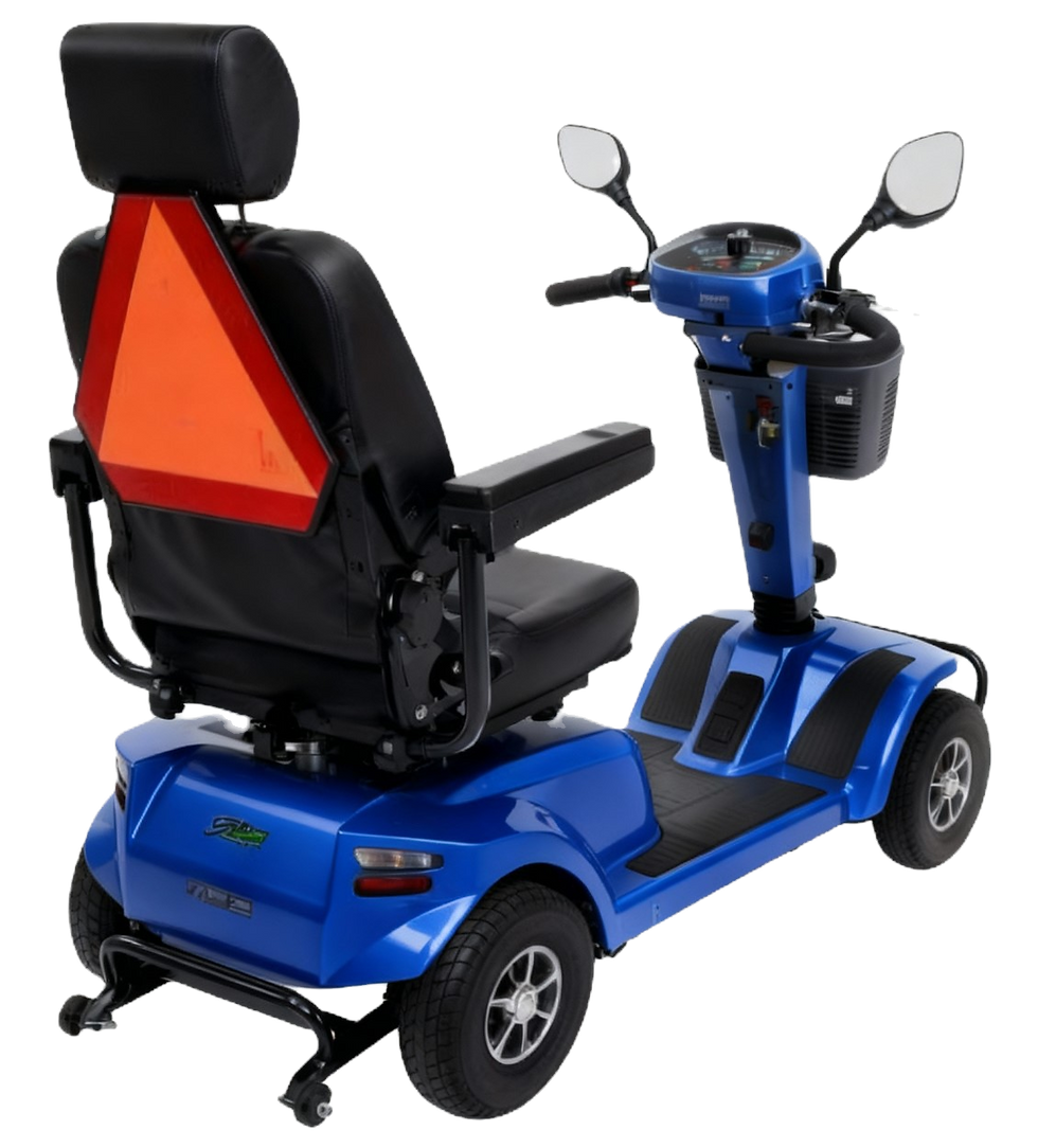 Miniaturbild: Senioren Elektromobil STERLING Vaila S425, schräg von hinten, 4 Räder, 12 km/h, Komfortsitz, Blau, Deutsche-Elektromobile