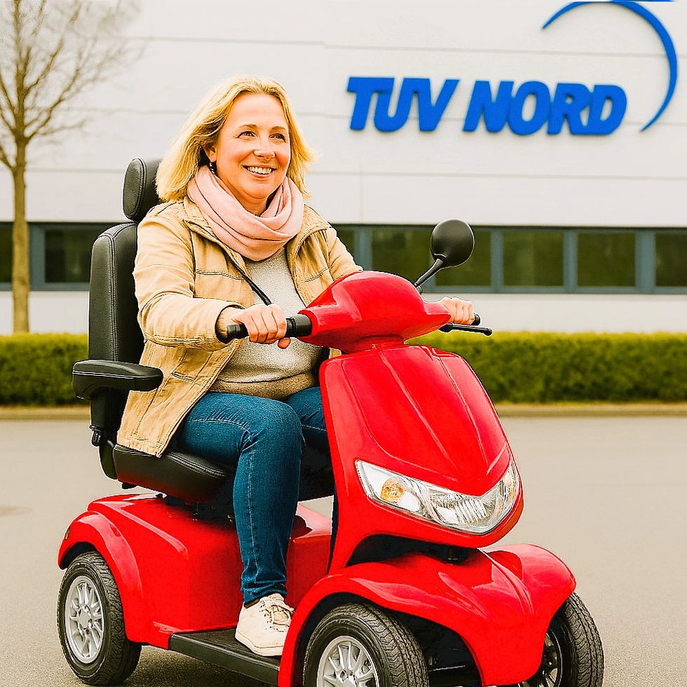Lachende Frau auf rotem Elektromobil (bis 15 km/h, 4 Räder) vor TÜV Nord. Symbol für Zertifizierung und sichere Zulassung