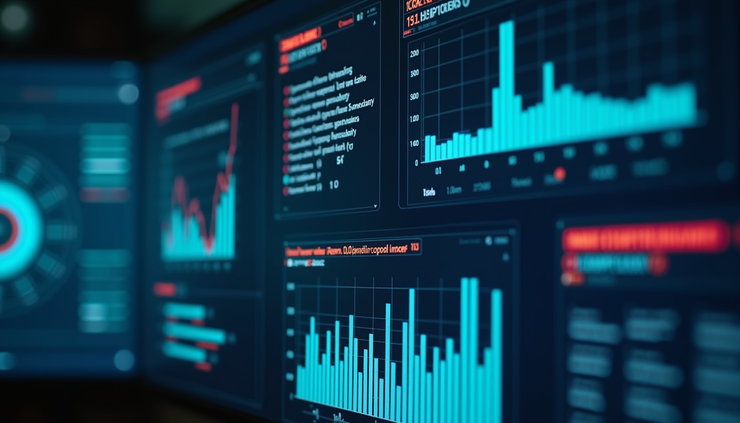 Eye-level view of a cybersecurity dashboard showing key metrics and visualizations