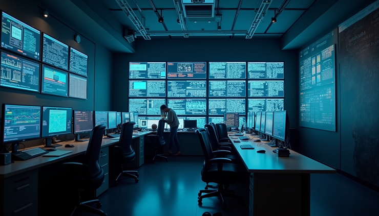 Eye-level view of a cybersecurity control room with multiple monitors displaying network security data