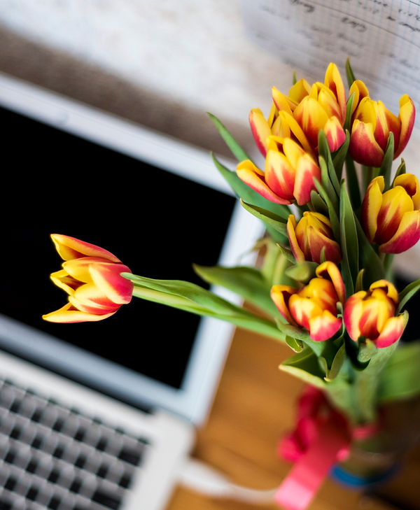 A laptop with a vase of flowers