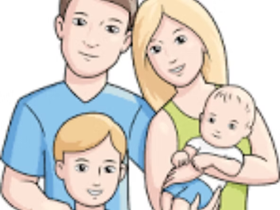 A cartoon family of four smiling, featuring a man in a blue shirt, woman in green, young boy, and baby. White background, happy mood.